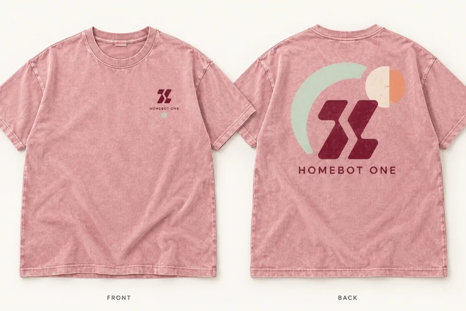 Front and back of a washed rose T-shirt with a small chest logo and a large Homebot One graphic with a mint arc and sun across the back.