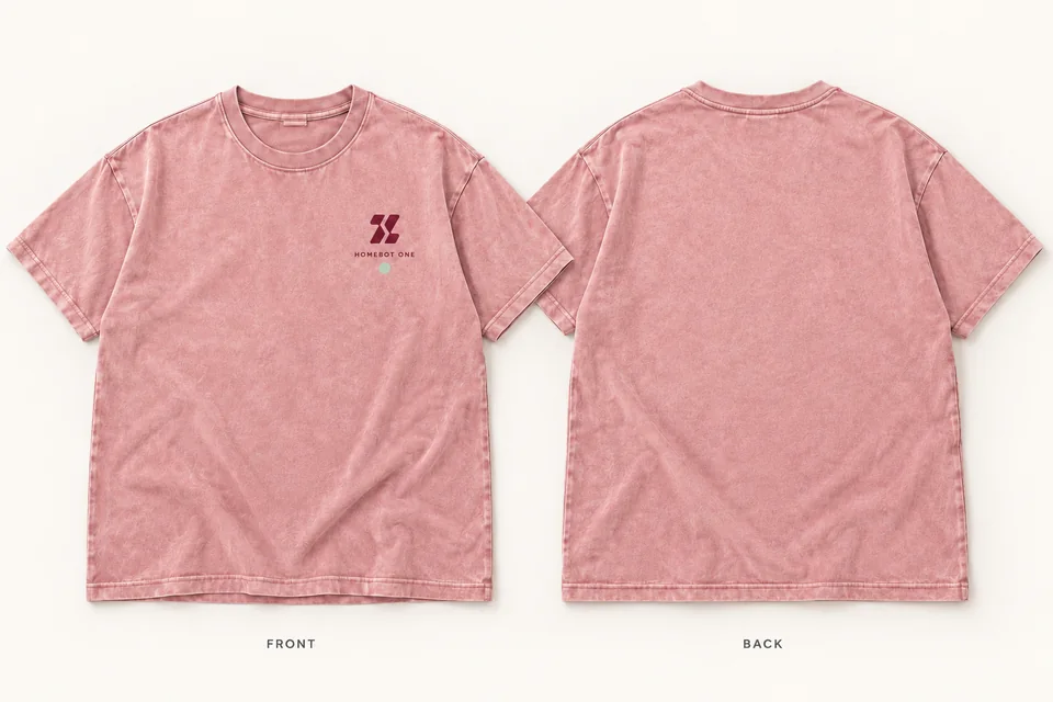 Front and back of a washed rose T-shirt with a small burgundy Homebot One logo on the left chest.