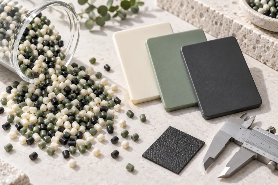 Top-down materials bench with black-and-white polymer pellets, molded sample plates, textured swatches, and a caliper