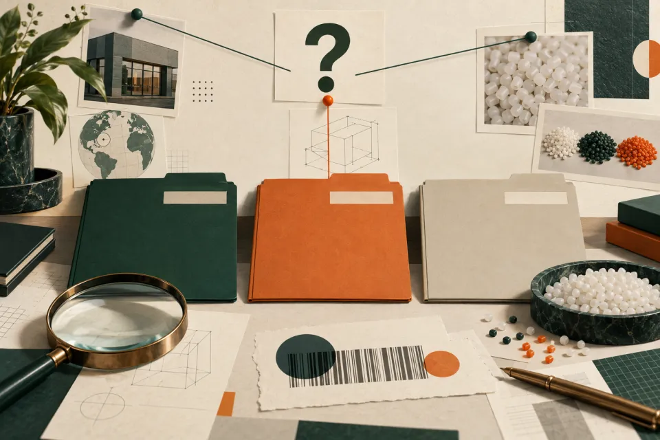 Materials-verification desk with blank sample panels, a question mark, technical sketches, barcode-style swatches, pens, and a magnifying glass