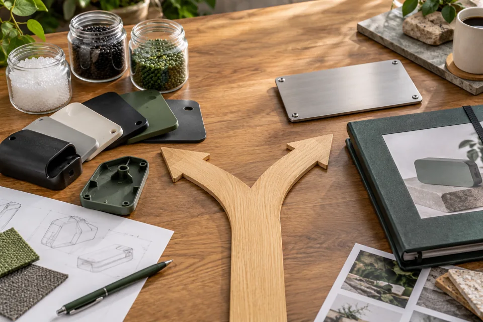AI-generated editorial decision scene with a forked wooden path leading toward plastic pellets and samples on one side and a blank nameplate and folder on the other.