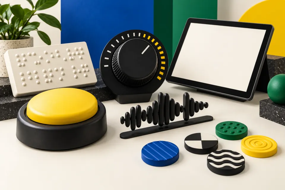 Tabletop collection of accessible controls including a large yellow switch, raised-dot board, rotary dial, tablet, and tactile disks