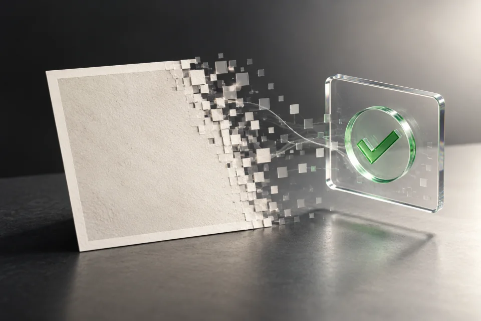 AI-generated editorial concept of a blank image tile dissolving into pixels beside a transparent provenance token and green verification marker.