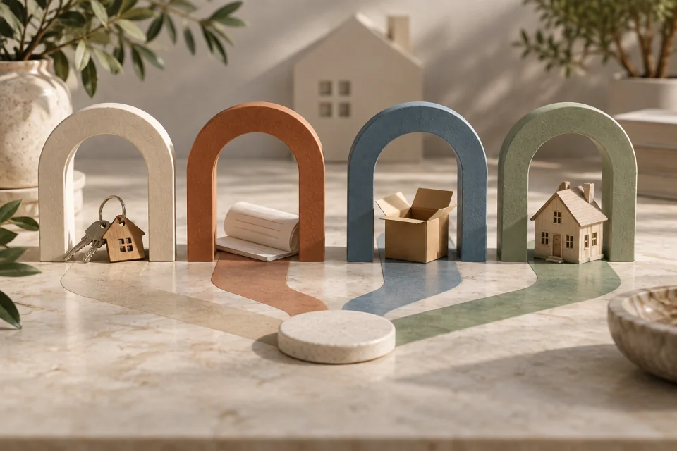 AI-generated editorial scene with four colored arches sheltering keys, papers, an open box, and a miniature house.