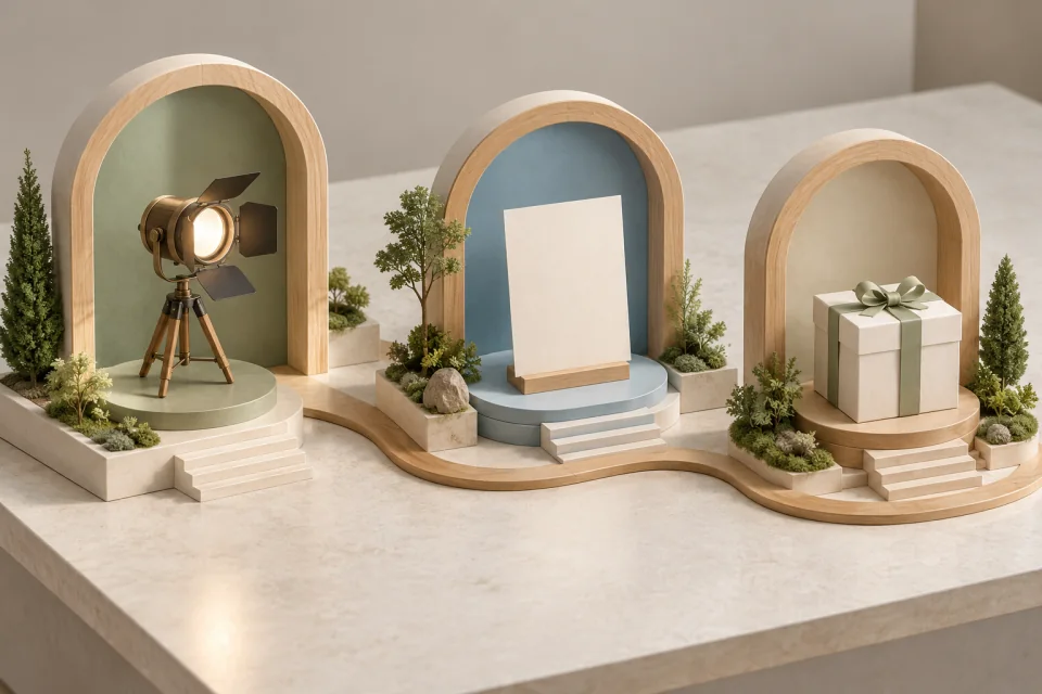 AI-generated editorial miniature with three separate arches containing a spotlight, a blank document card, and a wrapped box.