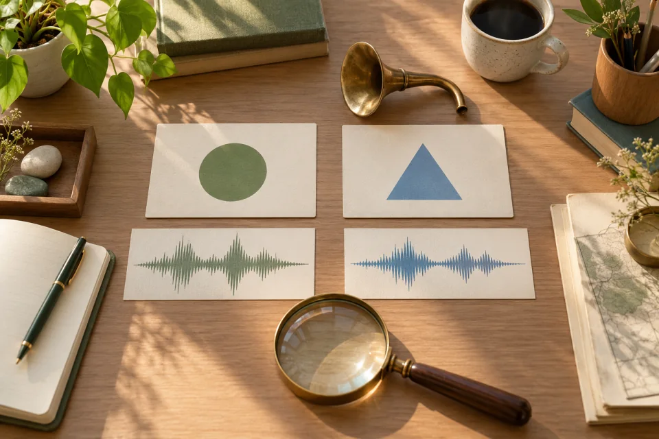 AI-generated editorial workspace with two blank shape cards, a listening horn, abstract waveforms, and a magnifying glass.