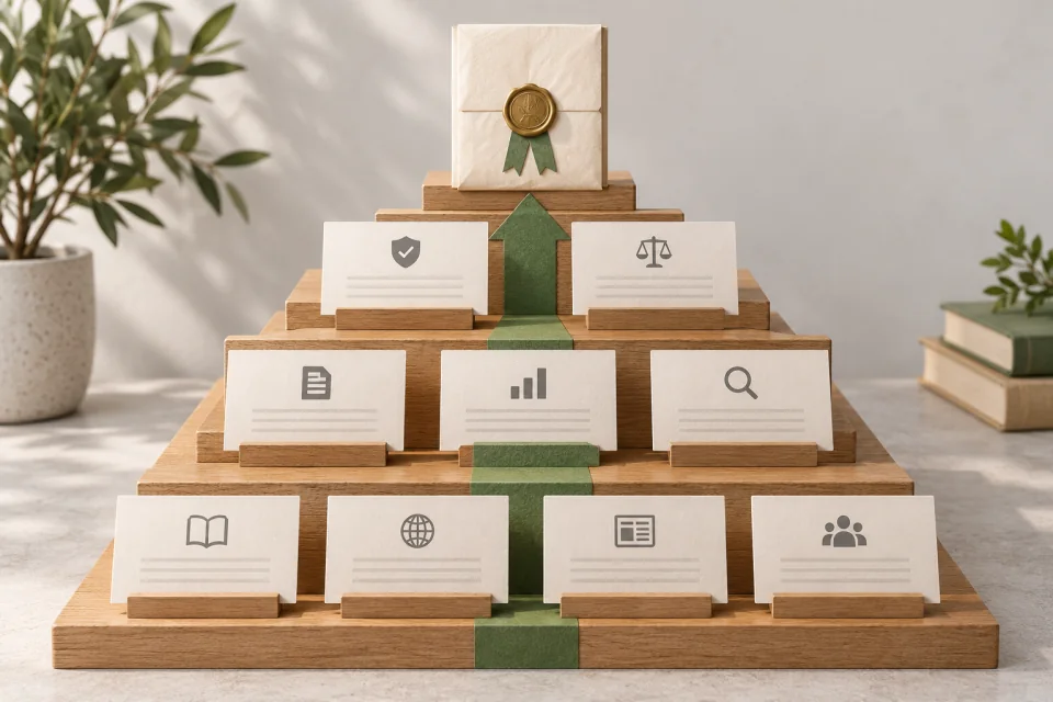 AI-generated editorial source hierarchy made from stepped blank cards, with a sealed original document at the top and a green path leading upward.
