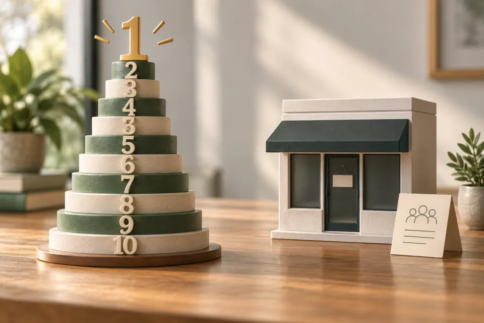 Numbered ranking pedestal from one through ten beside a small model storefront and a blank note card