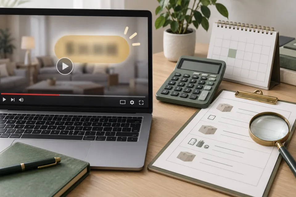Laptop playing a blurred product video beside a calendar, calculator, worksheet, pen, and magnifying glass