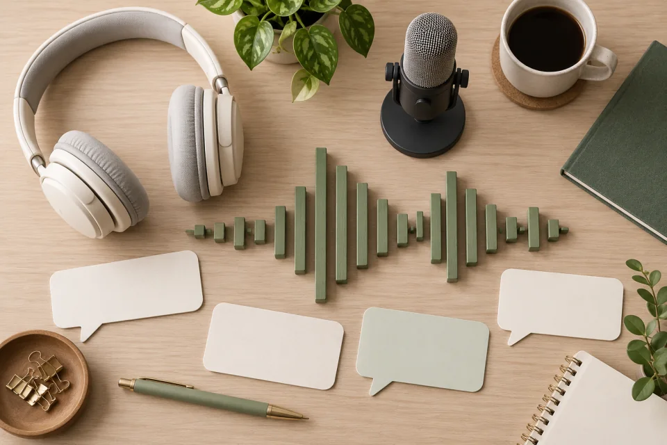 AI-generated editorial audio desk with headphones, a microphone, an abstract waveform made from green bars, and blank caption-shaped cards.