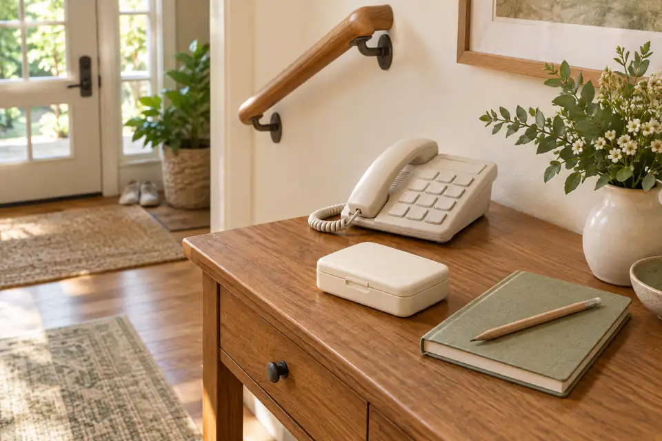 Warm home planning scene with a chair, family conversation cards, privacy controls, and a room-safety checklist