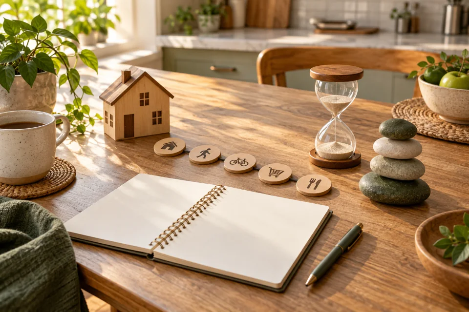 AI-generated editorial household planning table with a blank notebook, miniature house, routine tokens, hourglass, and balanced stones.