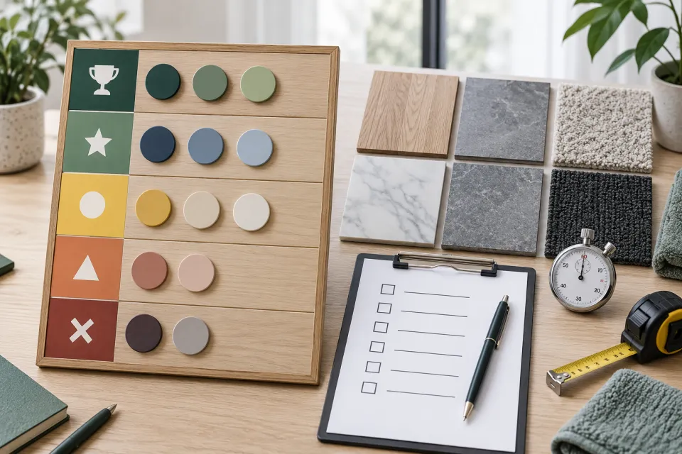 Side-by-side evaluation setup with a colored scoring board, material samples, clipboard, stopwatch, tape measure, and magnifying glass