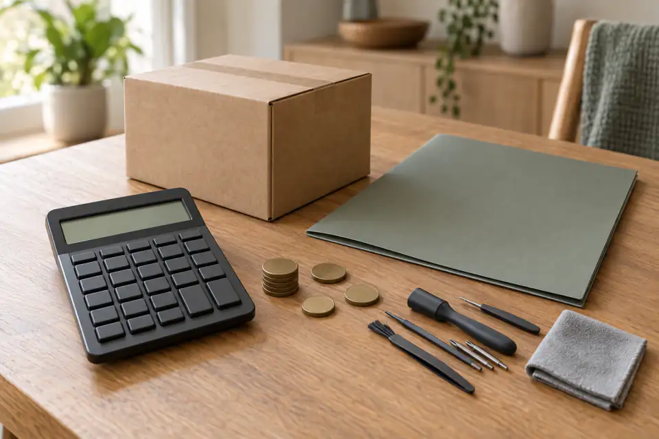 Editorial arrangement of a home floor plan, calendar, service checklist, and neutral cost markers