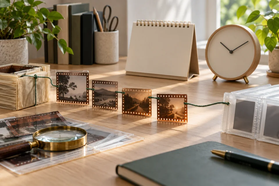 AI-generated editorial desk with a plain clock, an unmarked calendar, translucent film frames, and green thread arranged as a timeline.