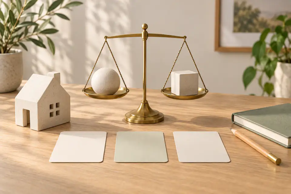 Editorial still life with a ceramic house, balanced brass scale, blank comparison cards, notebook, and pencil