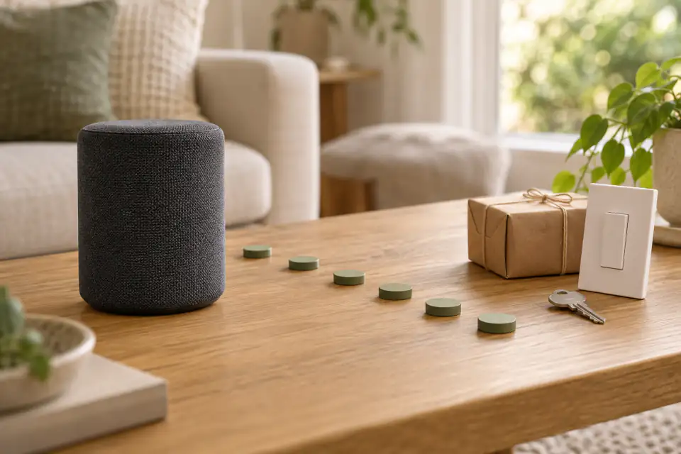 Split editorial scene showing a stationary speaker surface on one side and an open room path on the other
