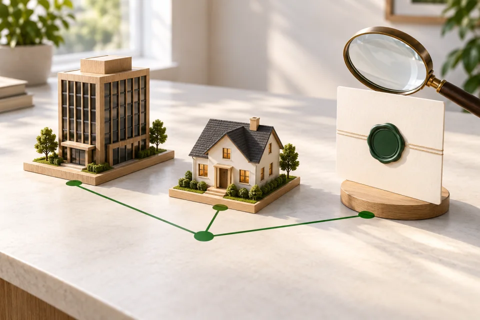 AI-generated editorial miniature of an office block, a house, and a sealed blank source card linked by green lines beneath a magnifying lens.