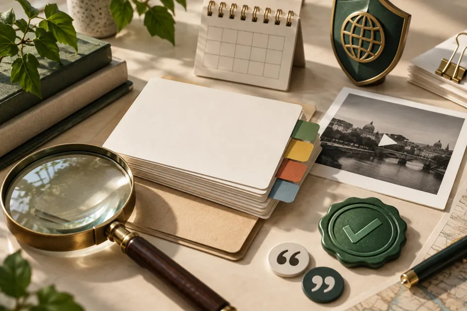 Research desk with a photograph, notebook, blank calendar, globe shield, quotation tokens, magnifying glass, and check seal