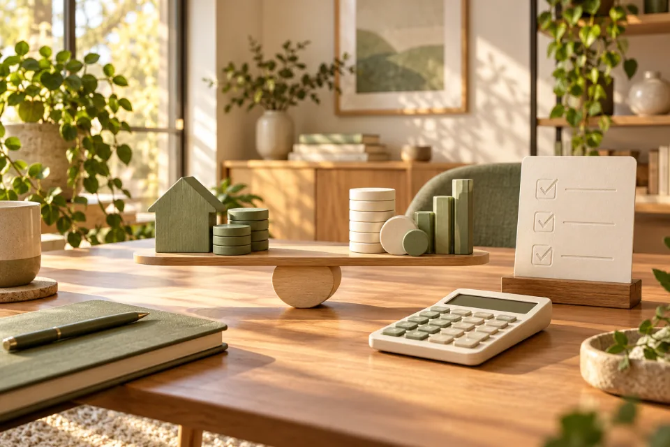 Sunlit desk with a house block, balanced value tokens, bar-shaped markers, an embossed checklist, and a blank-display calculator