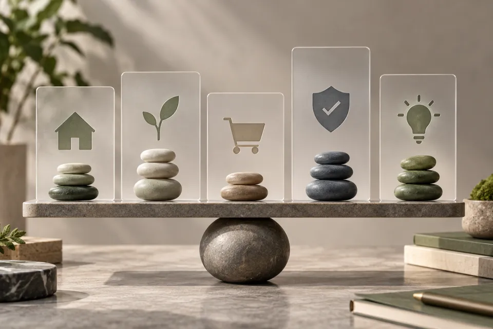 Balance beam holding five translucent icon panels above stacked stones on a sunlit desk