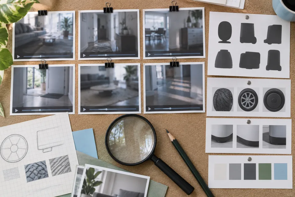 Evidence board with black-and-white stills, silhouette and wheel reference sheets, material swatches, pens, and a magnifying glass