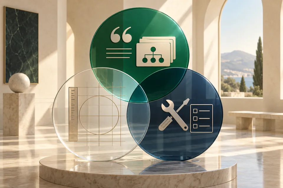 Three overlapping circular icon panels for quotation, hierarchy, and tools above a faint technical drawing