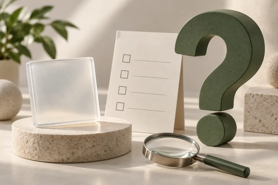Large green question mark surrounded by neutral material samples, a checklist sheet, and a magnifying glass