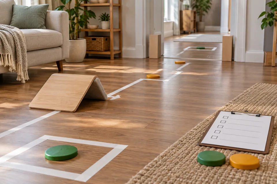 AI-generated editorial scene of a taped floor route with colored markers, a small wooden ramp, and a blank checklist in a living room.