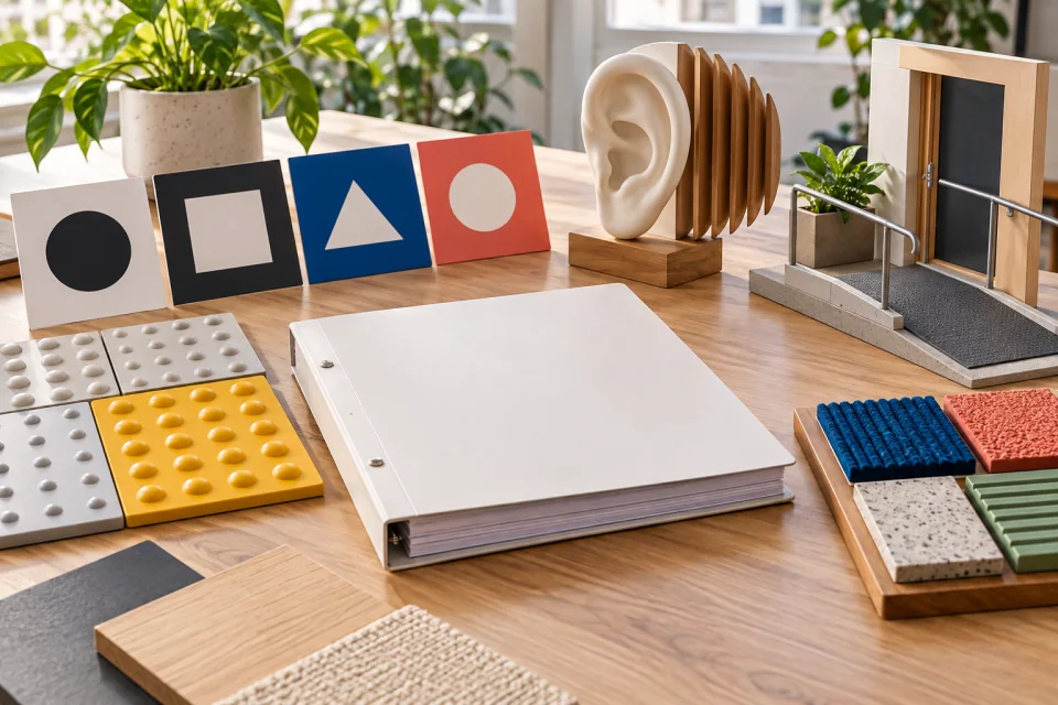 AI-generated editorial scene with shape cards, tactile panels, an ear model, miniature access ramp, texture samples, and a blank binder.