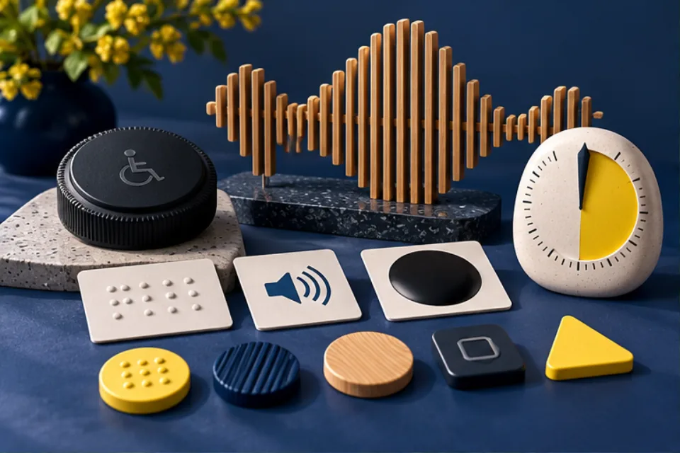 Accessibility evaluation kit with tactile controls, audio-wave sculpture, contrast symbols, and an adjustable timer