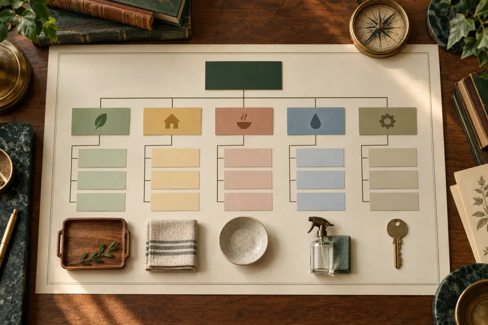 Top-down classification board with four icon-topped columns and small household and material objects arranged along the bottom