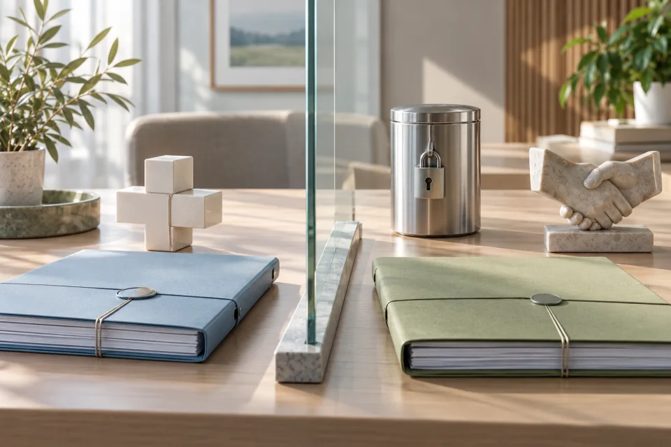 AI-generated editorial scene with two folders separated by glass, a plain medical cross, locked metal container, and handshake sculpture.