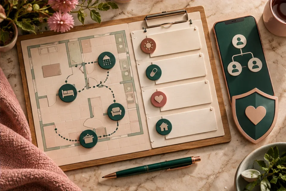 Care-planning board with a room route, blank schedule cards, phone tree, household markers, and consent shield