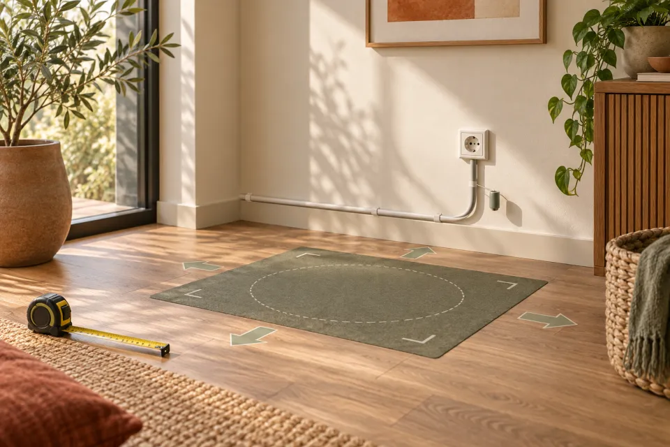 Empty home corner with a wall outlet, a small sensor on a cabinet, a taped floor zone, and a measuring tape