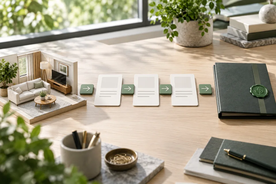 AI-generated editorial scene of a miniature living room linked by arrow tiles and blank document cards to a sealed green folder.