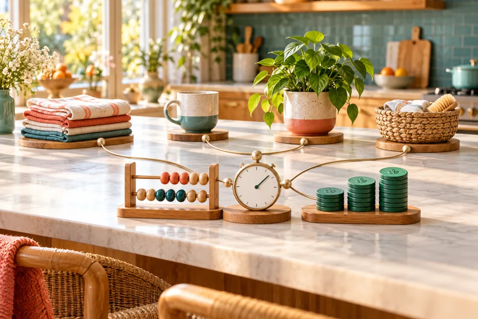 Sunlit kitchen counter with folded towels, a cup, plant, basket, bead counter, clock, and stacked value tokens