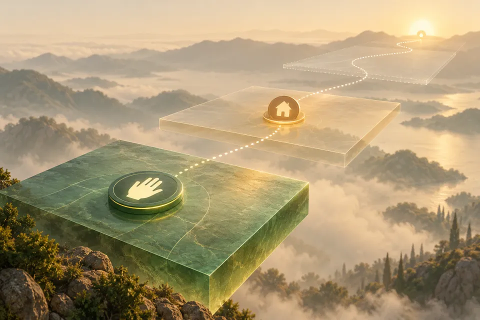 Surreal green stepped landscape with a hand symbol in the foreground, a home icon farther along a dotted path, and sunrise in the distance