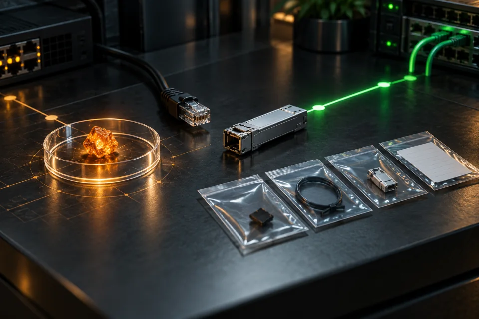 AI-generated editorial scene of disconnected network hardware, an amber object inside a transparent ring, a green light path, and sealed parts bags.