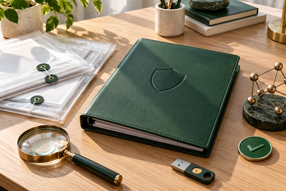 AI-generated editorial scene with a green shield-embossed binder, document envelopes, magnifying glass, USB drive, and check token.