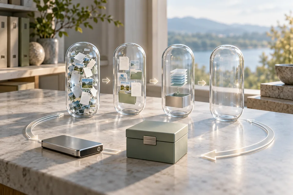 AI-generated editorial scene with four glass capsules, ranging from scattered papers and photos to an empty capsule, linked by arrows.