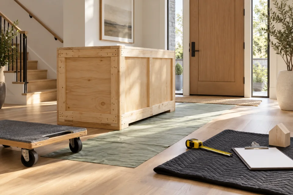 AI-generated editorial scene with a wooden shipping crate, moving dolly, tape measure, blank clipboard, and padded mat in a home entryway.