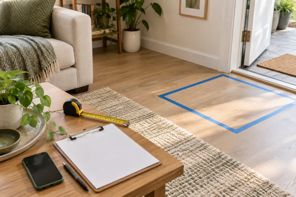 Editorial clipboard with a home floor plan, route markers, and a concise robot demo checklist