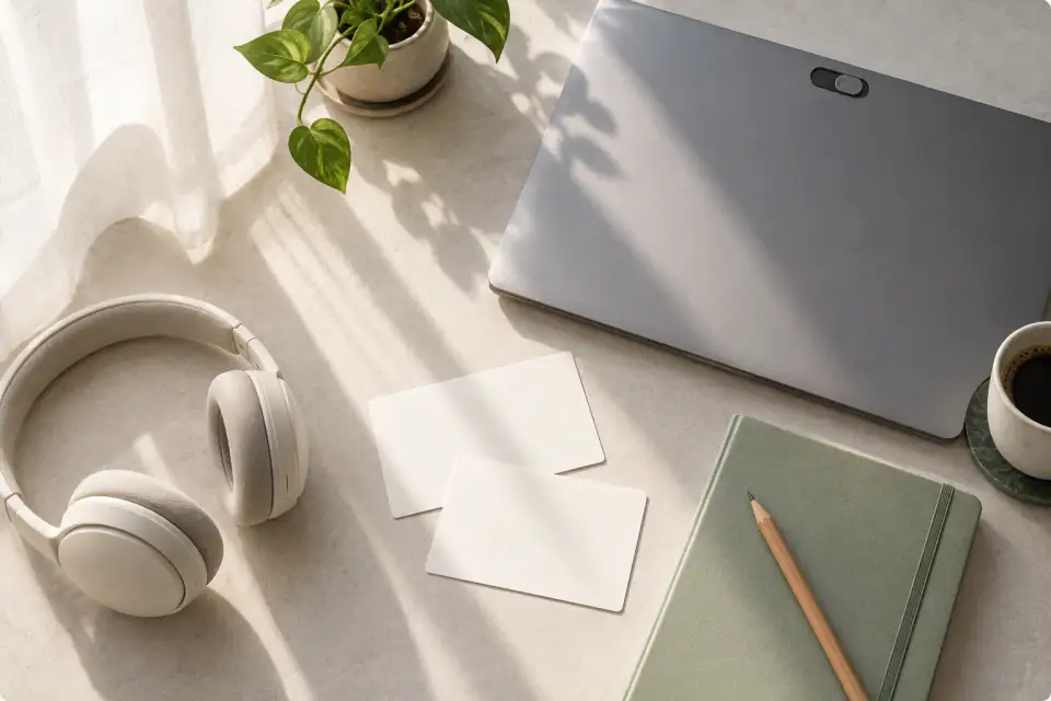 Editorial desk scene with a closed laptop privacy slider, headphones, blank cards, and notebook