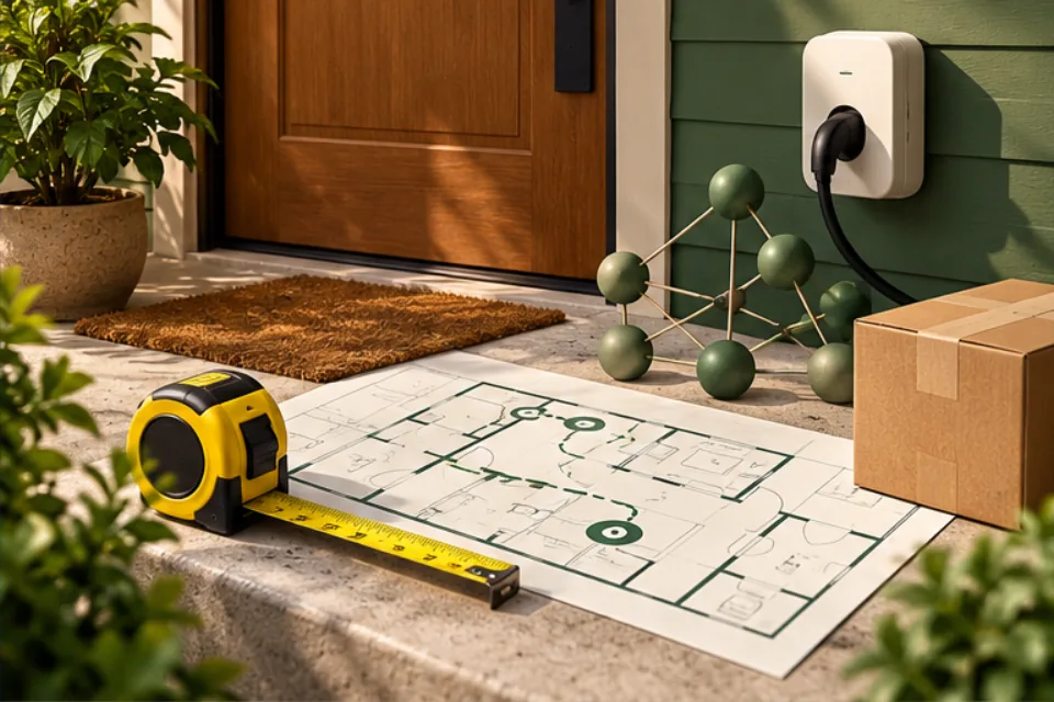 Home entry with a floor plan, measuring tape, charging outlet, network model, and delivery box