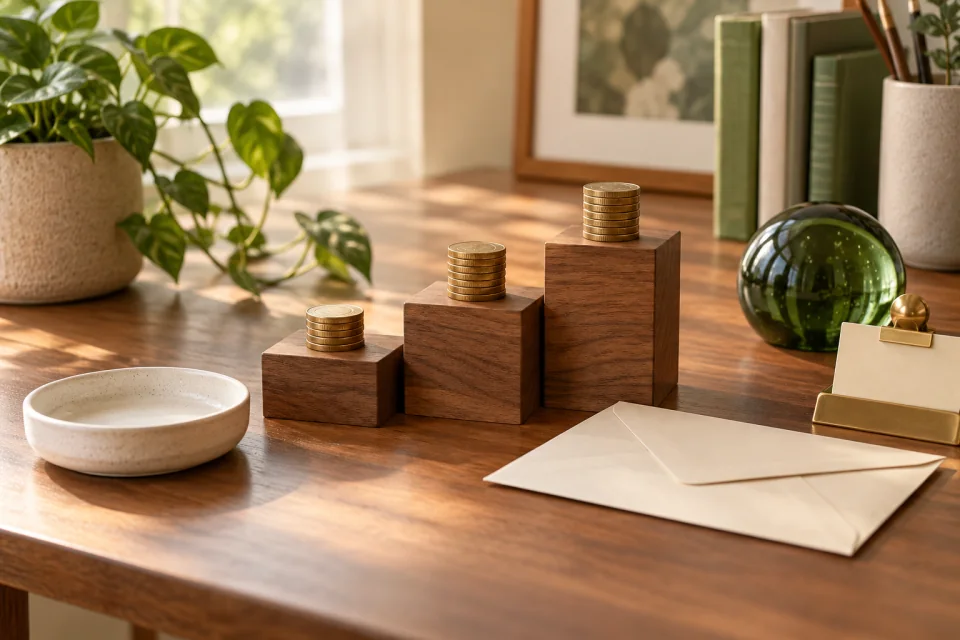 AI-generated editorial scene of coin stacks on three rising wooden blocks beside envelopes and a blank card on a desk.