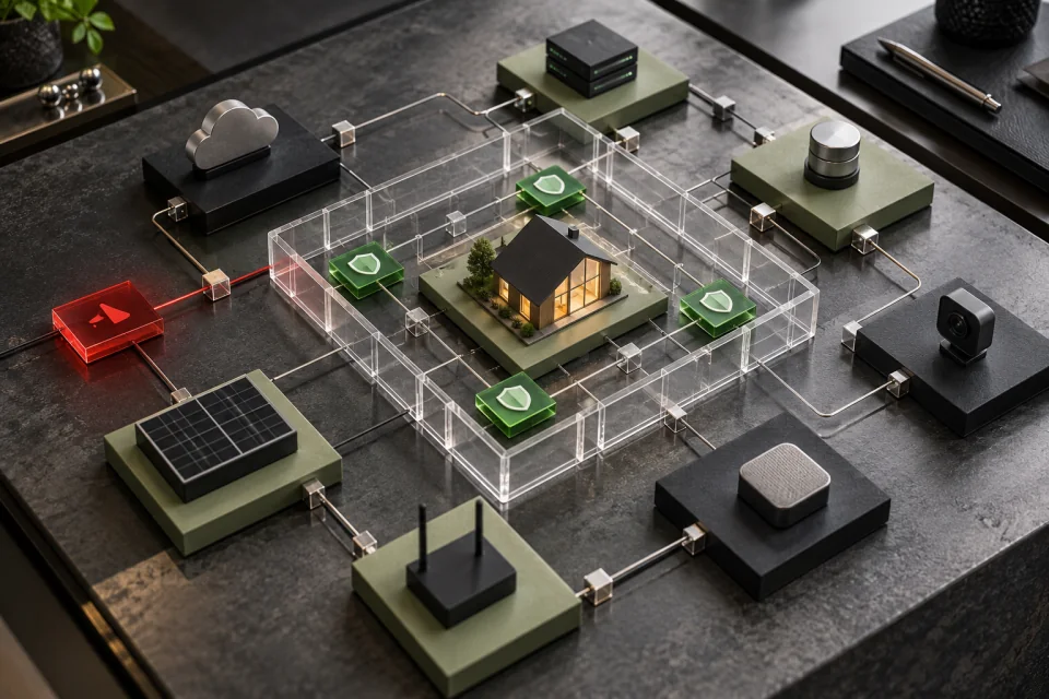 AI-generated editorial scene of a model house inside transparent boundaries, connected to generic devices, green shield tiles, and a red alert tile.