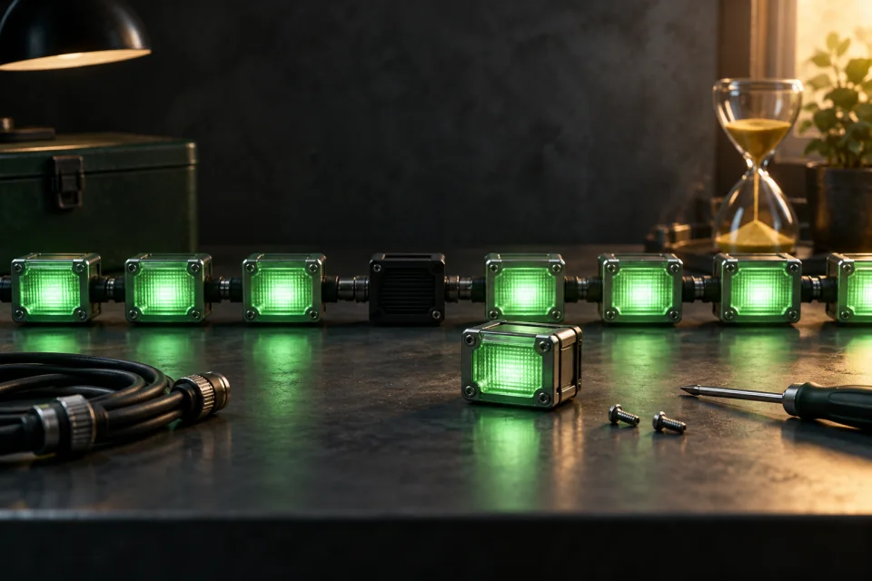 AI-generated editorial scene of linked green lights interrupted by one dark unit, with a spare light, repair tools, cable, and hourglass.