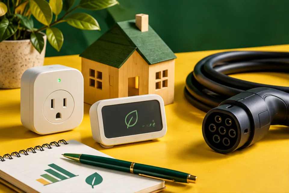 Smart plug, power meter, charging cable, house model, and blank usage notebook on a bright yellow work surface