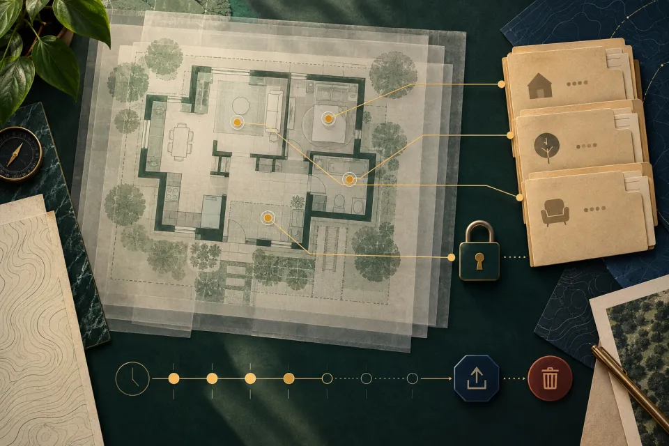 Top-down transparent home floor map beside locked file folders, a status timeline, and upload and delete symbols